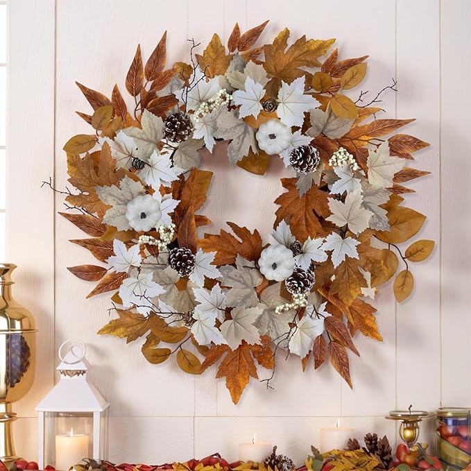 Fall Wreaths for Front Door Outside Autumn Wreath with Lights Berries Pine Cones Fall Decorations for Home Decor Pumpkin Wreath for Farmhouse Holiday Thanksgiving Harvest Halloween Outdoor-Ruum Studio Home
