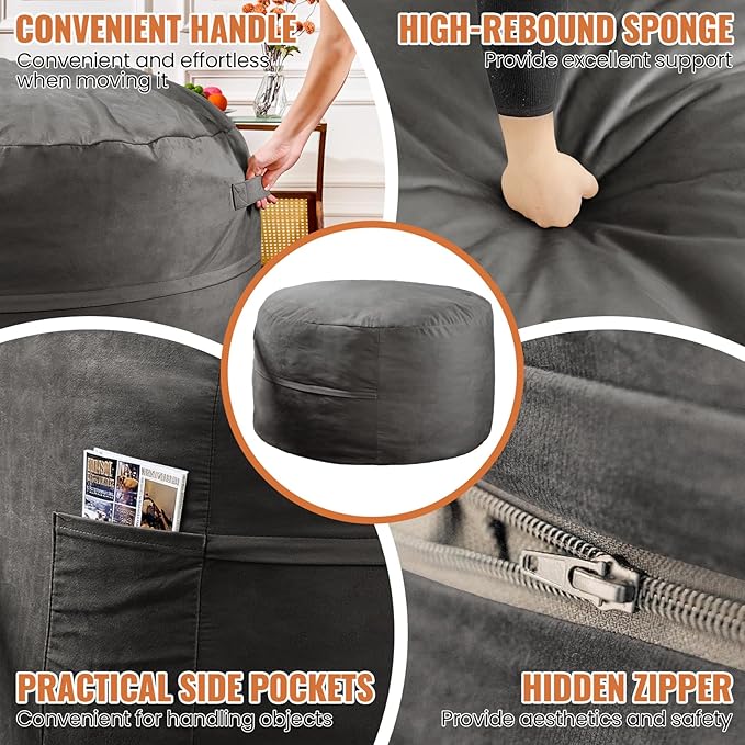 4FT Bean Bag Chair: Bean Bag with Velvet Cover, Fluffy and Comfy Bean Bag Chairs for Adults and Kids, Bean Bag Sofa Filled with High-Density Sponge for Gaming (Grey)-Ruum Studio Home