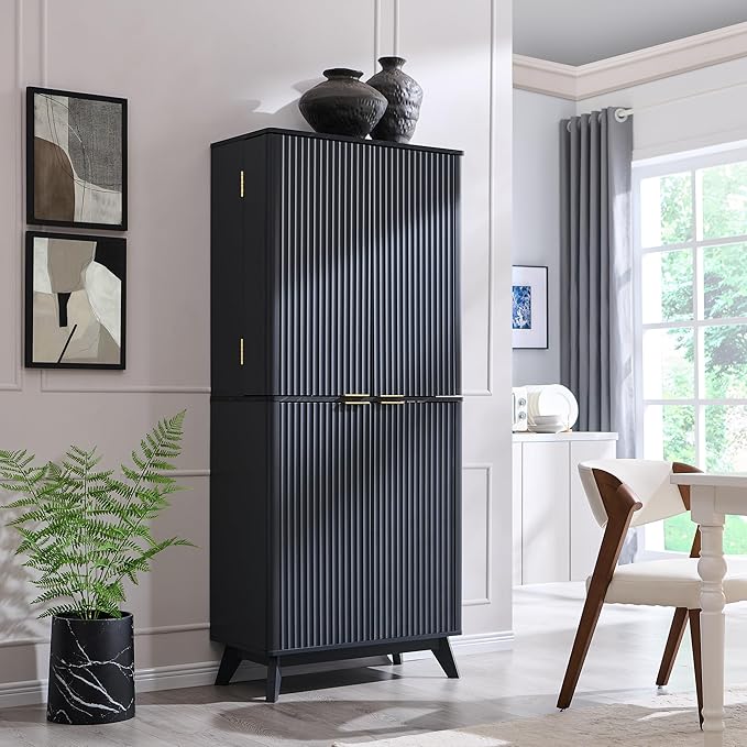 OKD Fluted Kitchen Pantry, 72" Tall Mid Century Modern Storage Cabinet with Adjustable Shelves & Door Organizer, Wood Cabinet for Kitchen, Living Room, Dark Grey-Ruum Studio Home