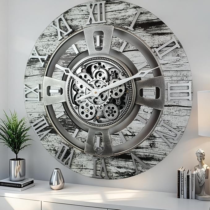 The Gears Clock 24'' Inch Real Moving Gear Wall Clock England Line (Grey & White, 24 inches (60 cm))-Ruum Studio Home