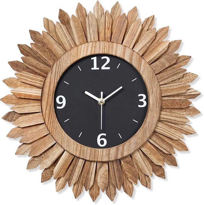 Honiway 16 Inch Wall Clocks, Rustic Wood Boho Sunburst Decorative Wall Clock Battery Operated Silent Non Ticking Farmhouse Large Wall Clocks for Living Room Kitchen Bedroom Home Decor (Rustic Brown)-Ruum Studio Home