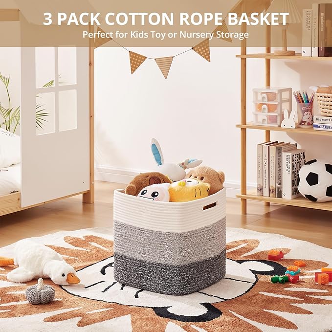 OIAHOMY 13 Kallax Inch Cube Storage Bins, 3-Pack Cotton Rope Woven Baskets for Organizing, Kallax Insert Storage Baskets for Shelves, Baby Nursery, Closet Organizer, 13*13*12.6IN, Gradient Gray-Ruum Studio Home