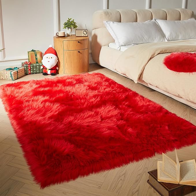 AMTOVO Faux Fur Sheepskin Rug for Living Room, 4 x 6 ft Red Fluffy Area Rug for Bedroom, Playroom, Luxury Room Decor, Rectangle-Ruum Studio Home