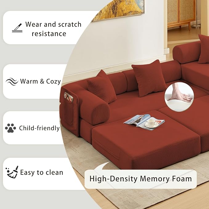 107" Oversized Convertible Sleeper Sofa Bed, Corduroy L Shape Sectional Couch, Folding Sofa Bed with Side Pocket, Modern Cloud Floor Mattress Couch, Modular Sofa for Living Room, Red-Ruum Studio Home