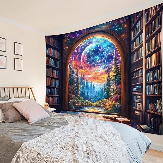 LB Fantasy Bookshelf Moon Tapestry, Trippy Tree and Vintage Library in Forest Wall Tapestry for Bedroom, Galaxy Cool Wall Art for Living Room Dorm Classroom Home Decor Ready to Hanging, 48 x 36 Inches-Ruum Studio Home