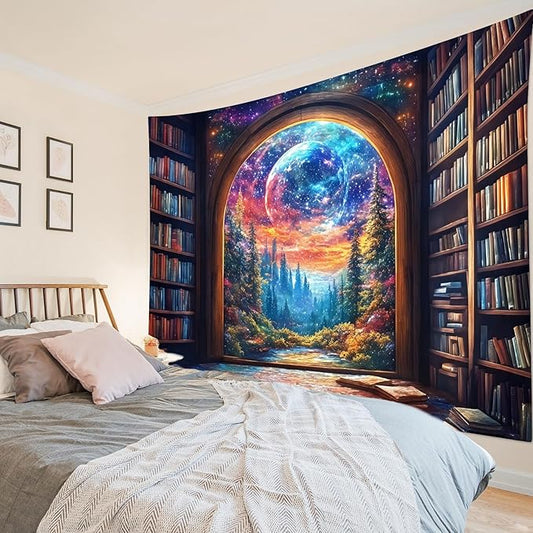 LB Fantasy Bookshelf Moon Tapestry, Trippy Tree and Vintage Library in Forest Wall Tapestry for Bedroom, Galaxy Cool Wall Art for Living Room Dorm Classroom Home Decor Ready to Hanging, 80 x 60 Inches-Ruum Studio Home