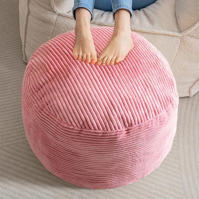 HIGOGOGO Round Stuffed Pouf Ottoman, Corduroy Poufs with Foam Chunk Filling, Furry and Fluffy Pouf Foot Stool Storage Ottoman, 20 X 15 Floor Poufs Foot Rest for Living Room, Pink-Ruum Studio Home