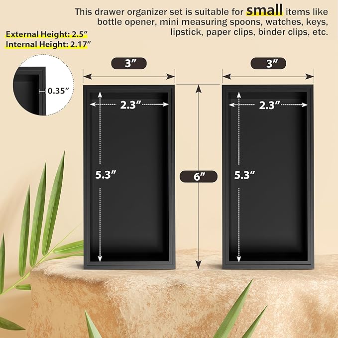 Kitchen Drawer Organizer Bins, Black Bamboo Drawer Organizer Stackable for Silverware, Utensils, Cutlery, Flatware, for Junk Drawer, Dresser, Bathroom, 6" x 3" x 2.5" (Set of 2)-Ruum Studio Home