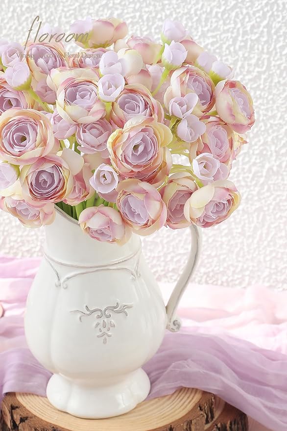 Floroom Ranunculus Artificial Flowers 18 Pcs Lilac Faux Silk Mini Ranunculus Bulk Fake Wedding Filler Flowers for DIY Bouquets, Centerpieces, Bridal Shower Decorations & Arrangements-Ruum Studio Home