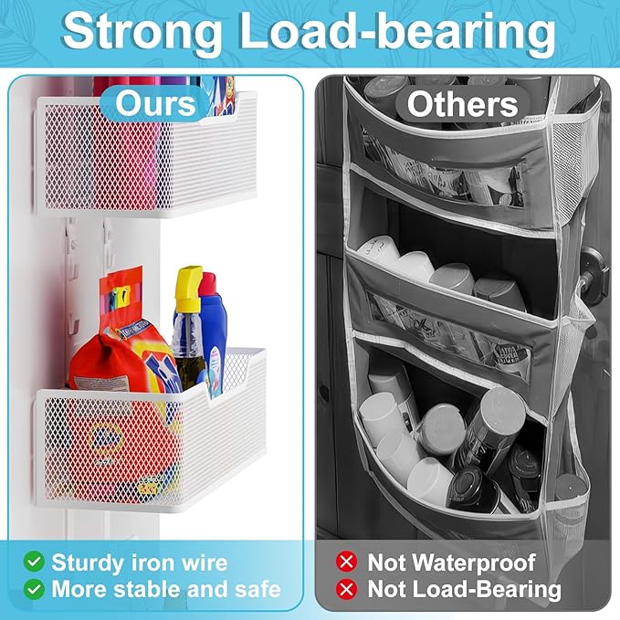 Adjustable Over The Door Organizer, Hanging Door Storage with PVC Pocket and 4 Metal Baskets Wall Mount, Closet Door Organizer Behind Door Rack for Bathroom Bedroom Closet, White-Ruum Studio Home