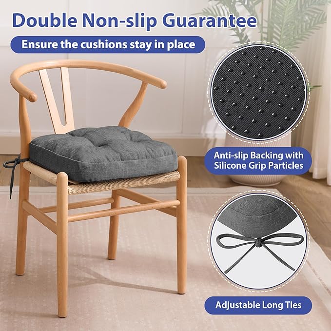 Chair Cushions for Dining Chairs, Dining Chair Cushions, Tufted Indoor Chair Pads with Ties & Non Slip Backing, Seat Cushions for Kitchen Chairs 16.5” x 16.5” x 3.5”, Set of 6, Grey-Ruum Studio Home