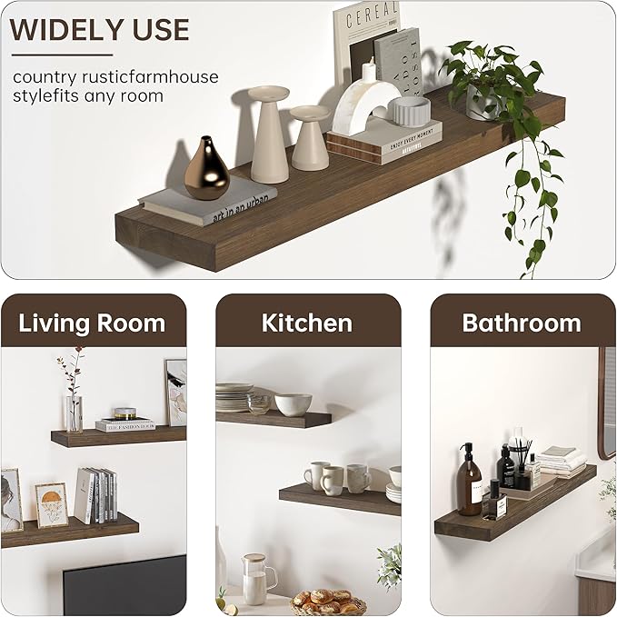 Floating Shelves for Wall, USA-Sourced Fir Wood 48 Inch Wall Shelves Set of 1, Natural Rustic Solid Wooden Floating Shelves Wall Mounted, Nursery Book Storage Shelf, Display Shelf for Bathroom-Ruum Studio Home