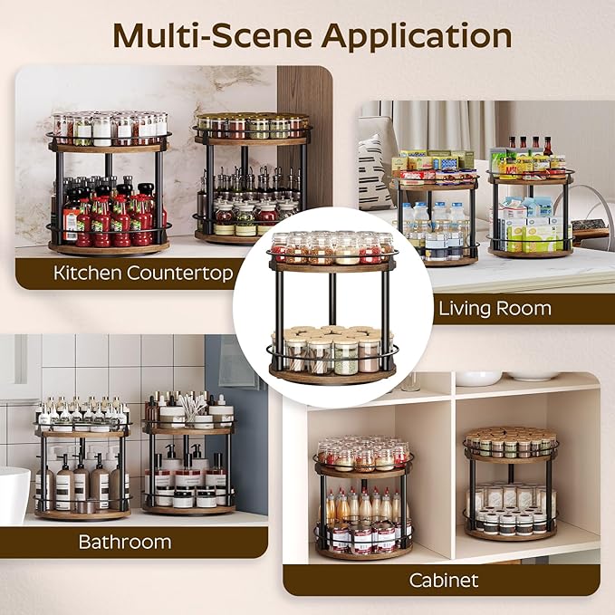 Spice Rack, Set of 2 Lazy Susan Organizer, 2-Tier Turntable Organizer, Rotating Spice Rack Organizer For Cabinet, Compact and Versatile, for Kitchen Countertop, Rustic Brown SR22L2BR-Ruum Studio Home