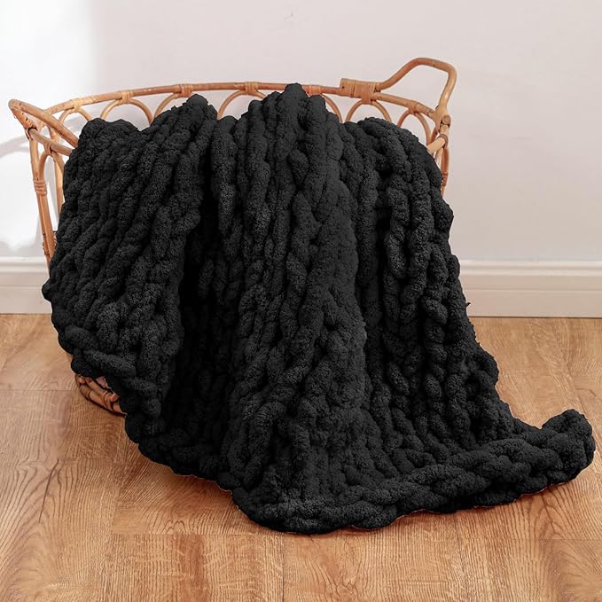 WESHIONGOO Chunky Knit Blanket Throw 40"*40" Knitted Throw Blankets for Couch Bed Fluffy Soft Blanket with Jumbo Chenille Yarn Thick 100% Handmade(Black)-Ruum Studio Home