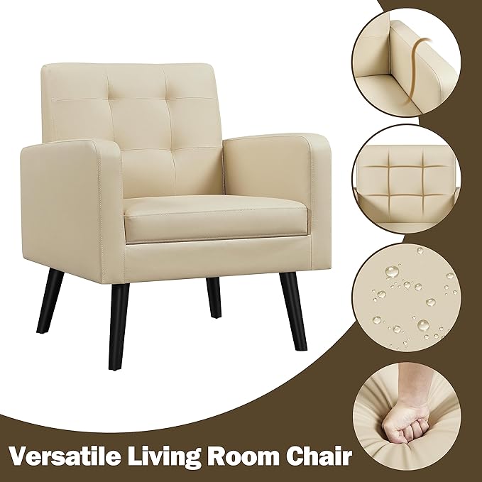 Yaheetech Mid-Century Accent Chairs, PU Leather Modern Upholstered Living Room Chair, Cozy Armchair Button Tufted Back and Wood Legs for Bedroom/Office/Cafe Beige-Ruum Studio Home