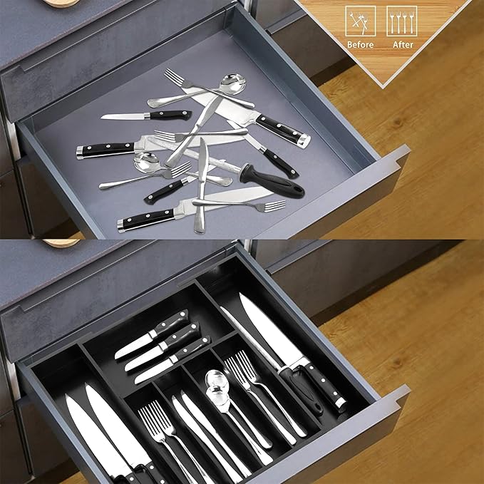 VaeFae Premium Bamboo Drawer Organizer, Expandable Silverware Drawer Organizer, Cutlery Tray with Dividers for Kitchen Utensils (Black, Large)-Ruum Studio Home