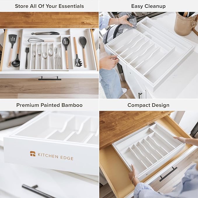 Premium Silverware, Flatware and Utensil Organizer for Kitchen Drawers, Food-Safe Contract Grade, Expandable from 18 to 33 In, White Bamboo-Ruum Studio Home