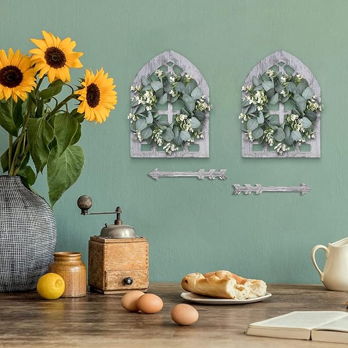 Rustic Wood Window Frame with Green Wreath and Arrows Wall Decor，Farmhouse Window Frame Hanging Decor, Wooden Fake Decoration,Window Pane Wall Decor,Set of 2 (windows white)-Ruum Studio Home