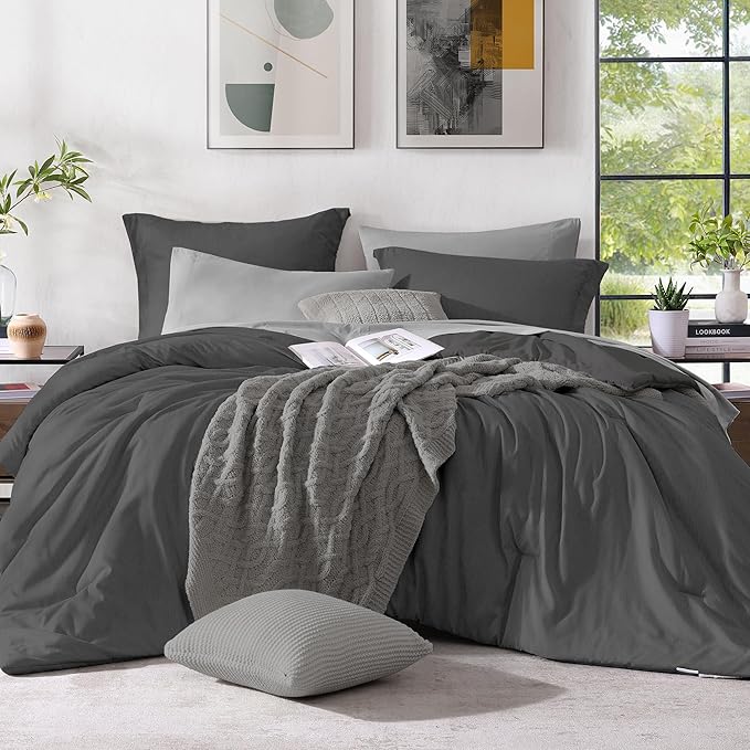 Monbix King Size Comforter Set, Dark Grey King Size Bed Set Reversible 7 Pieces, Cationic Dyeing Bed in a Bag with Comforter, Sheets, Pillowcases & Shams-Ruum Studio Home