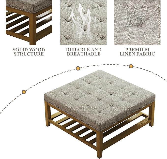 Large Square Ottoman Coffee Table, Linen Solid Upholstered Footrest Ottoman with Solid Wood Shelf Storage Tufted Coffee Table for Bedroom Living Room, Linen-Ruum Studio Home