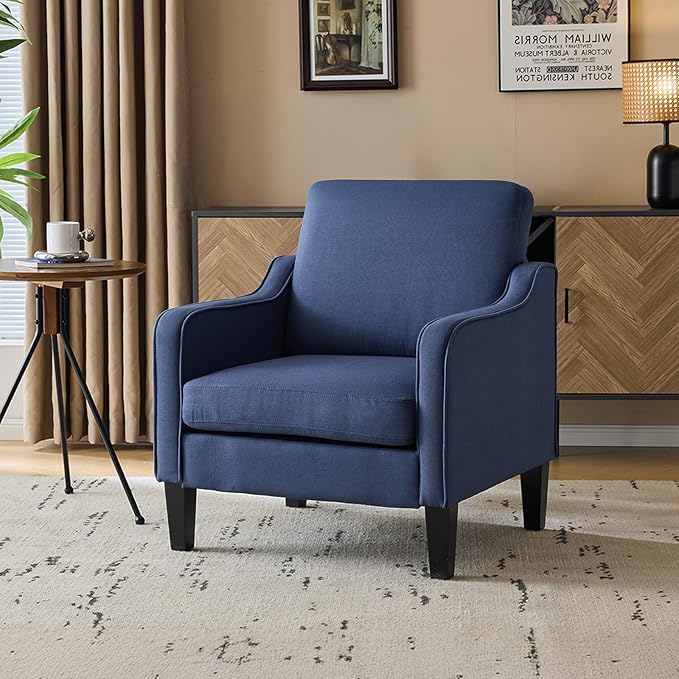 VINGLI Mid Century Modern Accent Chair, Navy Blue Fabric Accent Chairs for Living Room, Upholstered Armchair with Scooped Arms for Bedroom, Apartment, Studio, Office, Waiting Room-Ruum Studio Home