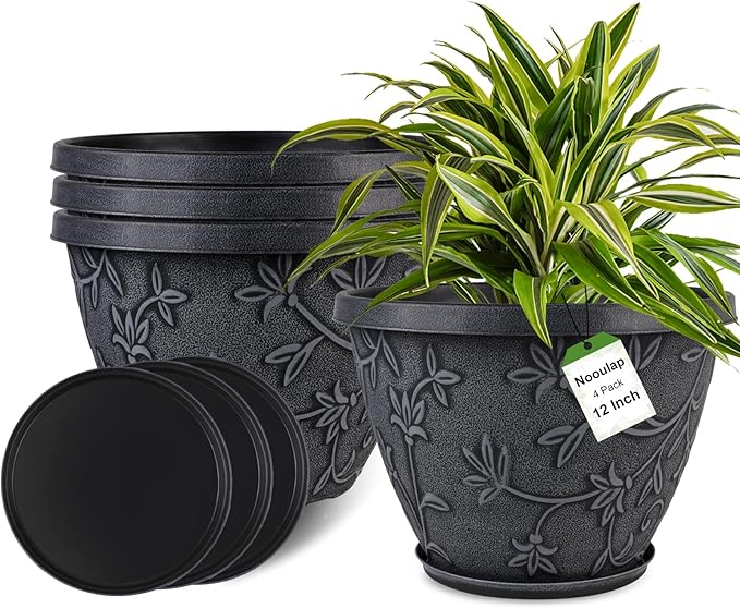 4 Pack 12 Inch Large Flower Pots for Outdoor Indoor, Plastic Plant Pots with Drainage Hole & Saucer, Modern Decorative Garden Pot, Imitation Magnolia Pots for Garden House Planters（Gray）-Ruum Studio Home