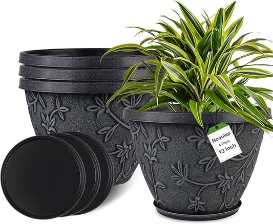 4 Pack 12 Inch Large Flower Pots for Outdoor Indoor, Plastic Plant Pots with Drainage Hole & Saucer, Modern Decorative Garden Pot, Imitation Magnolia Pots for Garden House Planters（Gray）-Ruum Studio Home