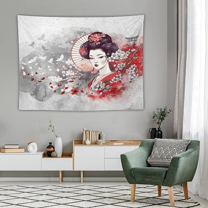 Japanese Geisha Tapestry Asian Red Cherry Blossom Traditional Kimono Folk Tapestries Home Decor for Living Room Bedroom Apartment Farmhouse Dorm 80"x60"-Ruum Studio Home