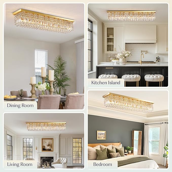 10 Lights Gold Flush Mount Rectangle Chandelier, Modern K9 Crystal Chandeliers Light Fixture Rectangular Raindrop Chandelier Pendant Island Light for Living Dining Room Kitchen Bar L47 Inch-Ruum Studio Home