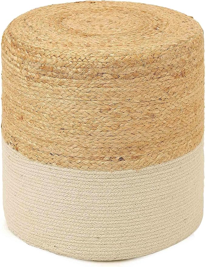 REDEARTH · Cylindrical Pouf Foot Stool Ottoman - Jute Braided Accent Sitting Footrest for The Living Room, Bedroom, Nursery, Patio, Lounge & Other Rooms in The Home (14.5”x14.5”x16”; Natural Ivory)-Ruum Studio Home