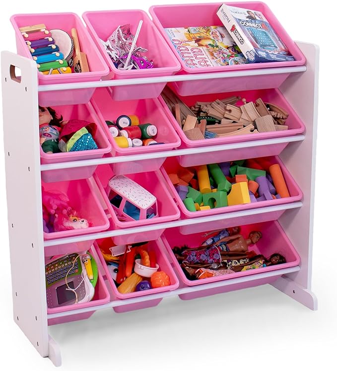 Humble Crew Kids Toy Storage Organizer with 12 Plastic Bins, White/Pink – Removable Bins for Playroom, Bedroom, Toddler Furniture for Boys and Girls Ages-Ruum Studio Home