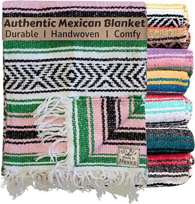 Del Mex Classic Mexican Blanket, Large Authentic Woven Falsa Throw (70"x50"), Artisan Southwest Décor for Beach, Yoga, Outdoors (Green/Pink)-Ruum Studio Home