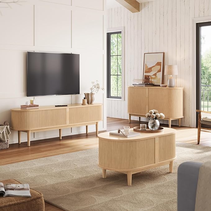 LINSY HOME Fluted TV Stand for 75" TV, Mid-Century Modern 70" Entertainment Center with Sliding Tambour Door and Storage Cabinet, Cruved TV Media Console Table for Living Room, Bedroom, Oak-Ruum Studio Home