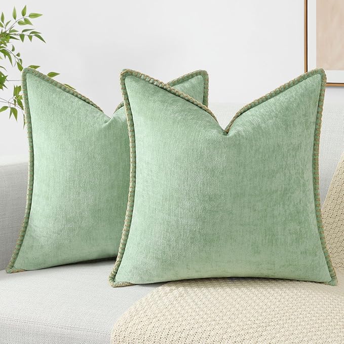 decorUhome Chenille Soft Throw Pillow Covers 24x24 Set of 2, Farmhouse Velvet Neutral Decorative Euro Pillow Covers with Stitched Edge for Couch Sofa Bed Home Decor, Sage Green-Ruum Studio Home