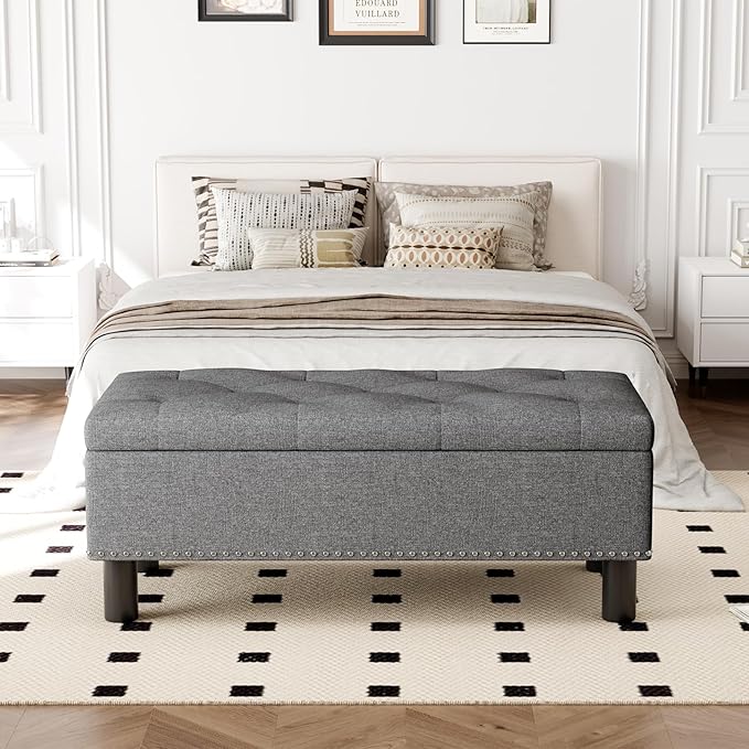 Furniliving Ottoman Bench with Storage, Folding Storage Ottoman Bench with Wood Legs, Upholstered Bedroom Bench with Button-Tufted, Entryway Bench Storage Bench for Bedroom, Linen (Darkgrey)-Ruum Studio Home