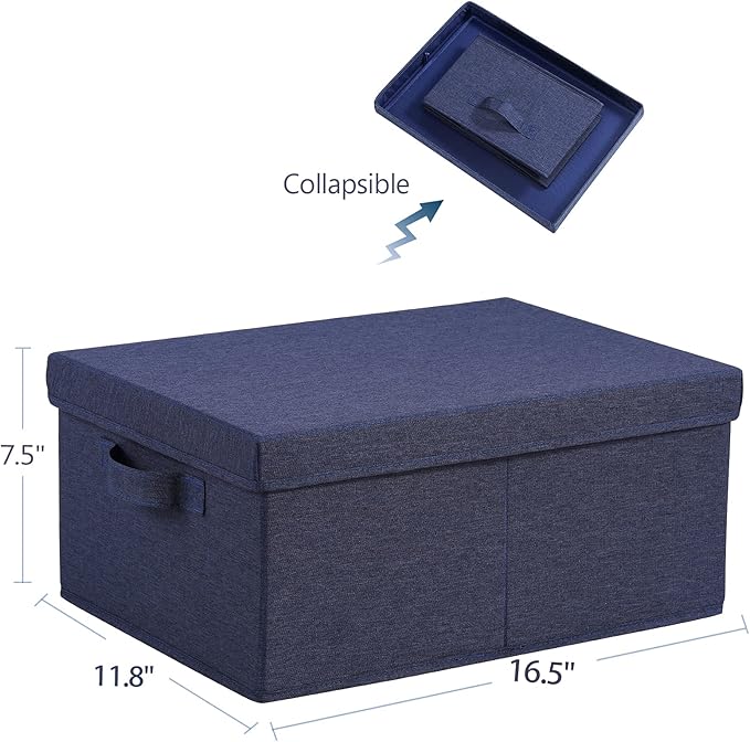HOONEX Foldable Storage Bins with Lids, Pack of 2, Storage Boxes with 2 Carrying Handles and Heavy Cardboard, 16.5" L x 11.8" W x 7.5" H for Shoes, Clothes, Blue-Ruum Studio Home