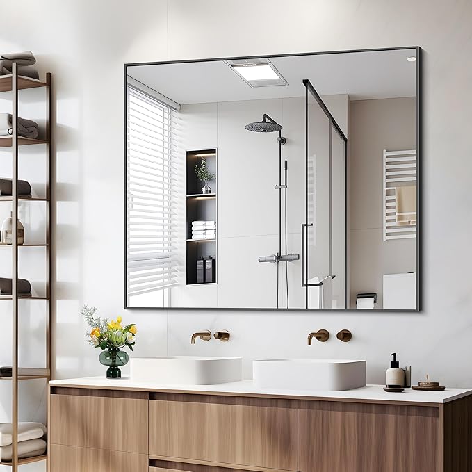 Black Bathroom Mirror for Wall, 36x40 Inch Rectangle Mirrors with Metal Frame, Modern Rectangular Wall Mirror for Bathroom Living Room, Entryway Hangs Horizontal or Vertical-Ruum Studio Home