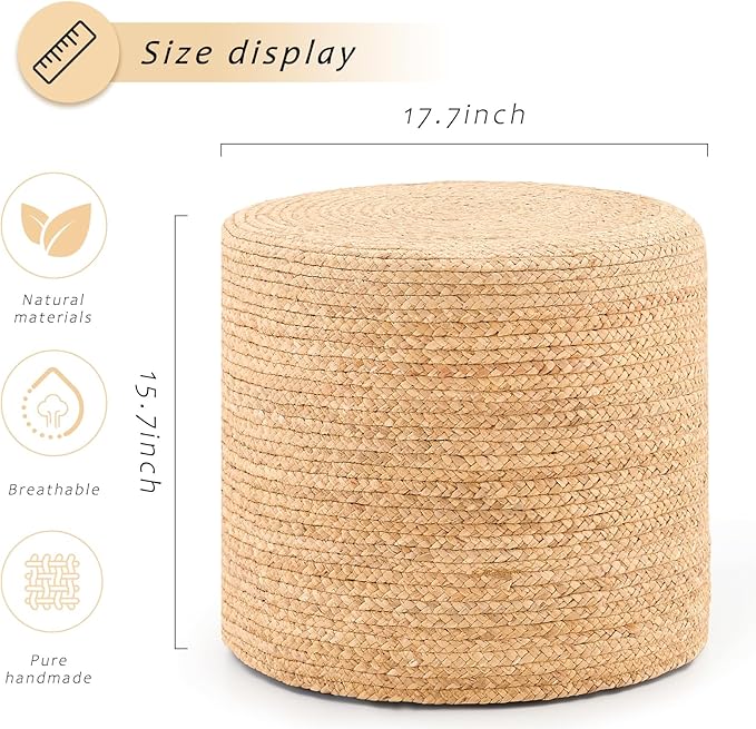 Handwoven Ottoman Pouf, Natural Water Hyacinth Footstool, Round Braided Outdoor Seat with Sturdy Frame, Boho Accent Stool for Patio, Balcony, or Garden (Natural)-Ruum Studio Home