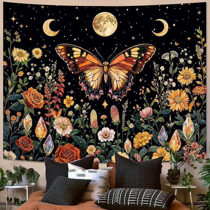 Lunerfex Boho Butterfly Tapestry Flower Moon Wall Tapestry, Moon Phases Tapestries for Bedroom Cute Tapestries Wall Hanging for Bedroom Living Room Decor Butterfly-2 44"x60"-Ruum Studio Home