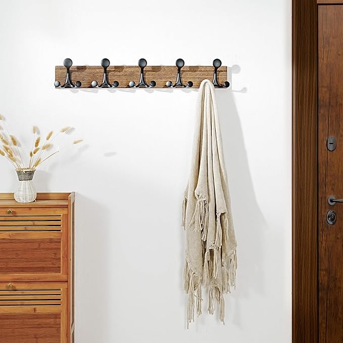 SKOLOO 24-Inch Wood Burnt Coat Rack Wall Mount with 5 Triple Hooks - Ideal for Family Entrances, Classrooms, and Pet Supplies Storage - Perfect Coat Hooks for Wall, Pack of 2-Ruum Studio Home