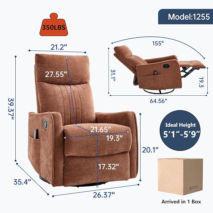Manual Swivel Rocker Recliner Chair for Adults, Overstuffed Reclining Glider Chair for Nursing with Vibration Massage & Heat, Living Room Rocking Recliner 2-Stage backrest, Chenille Fabric Orange-Ruum Studio Home