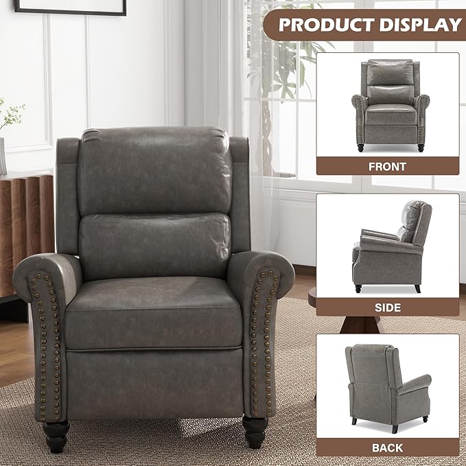 UIXE Pushback Recliner Chair, Faux Leather Armchair Push Back Accent Chair, Rivet Trim Club Chair Home Theater Overstuffed Single Sofa Reading Seat for Living Room, Gray-Ruum Studio Home