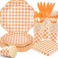 175 Pcs Orange and White Gingham Party Supplies - Orange Gingham Paper Plates and Napkins Sets Serve 25 - Scalloped Checkered Plates for Birthday Picnic Fall Halloween Thanksgivng Party Decorations-Ruum Studio Home