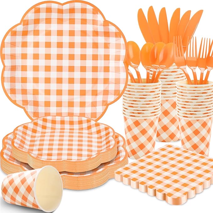175 Pcs Orange and White Gingham Party Supplies - Orange Gingham Paper Plates and Napkins Sets Serve 25 - Scalloped Checkered Plates for Birthday Picnic Fall Halloween Thanksgivng Party Decorations-Ruum Studio Home