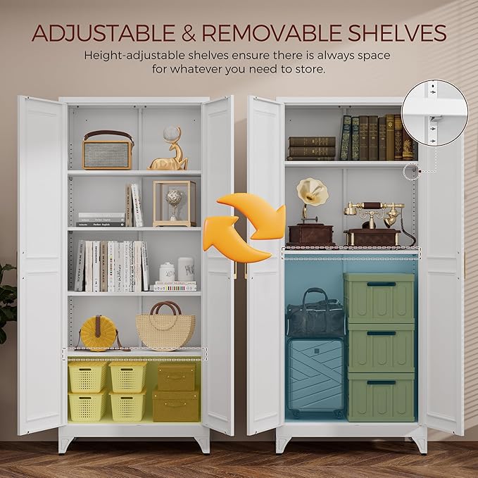 75" Kitchen Pantry Cabinet, White Metal Storage Cabinets with 2 Doors and 4 Adjustable Shelves, Tall Pantry Storage Cabinet for Kitchen, Dining Room, Living Room-Ruum Studio Home