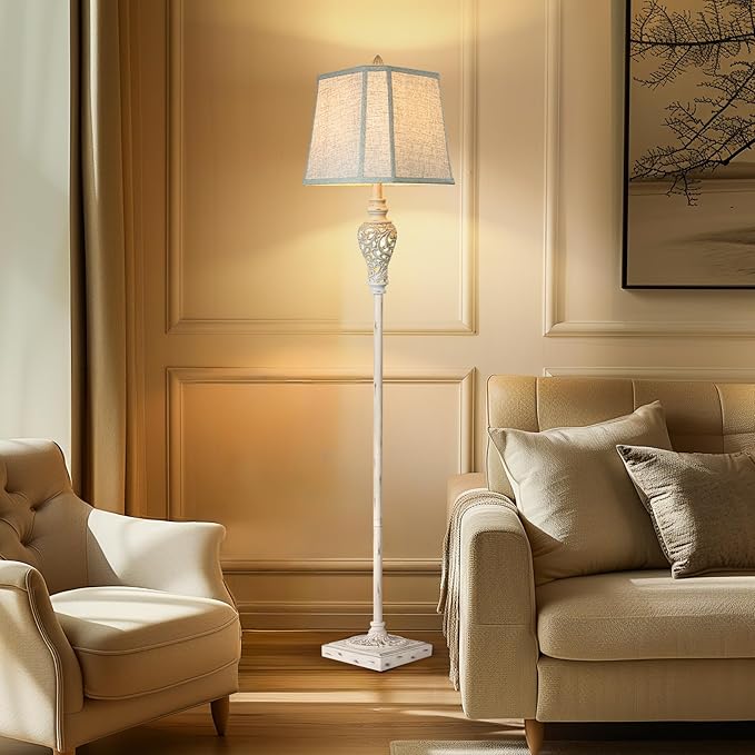 Rustic Floor Lamp 65'' Tall with Nightlight Cut Corner Linen Fabric Shade Vintage Standing Lamp for Living Room, Bedroom, Office, House (Bulb Included)-Ruum Studio Home