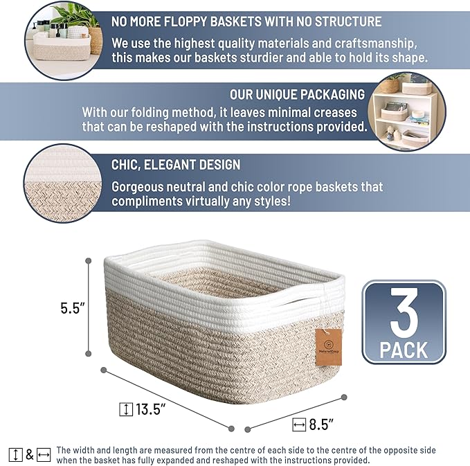 NaturalCozy 13.5”x8.5”x5.5” Storage Baskets for Shelves 3 Pack | Cotton Rope Woven Small Baskets for Organizing | Small Storage Bins for Nursery, Bathroom, Closet, Cube Shelf, Decorative, Gift-Ruum Studio Home