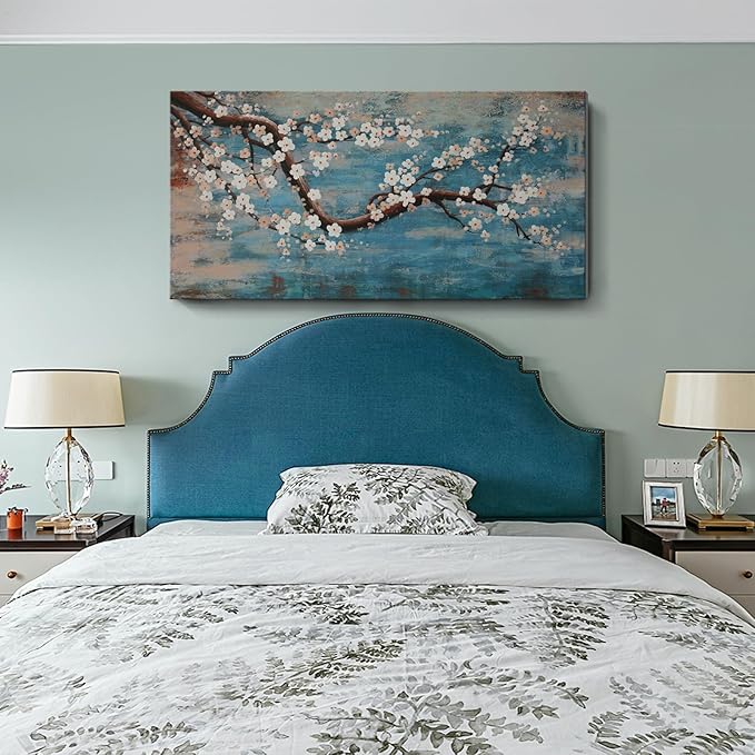 Large Canvas Wall Art for Living Room- 100% Hand-Painted Oil Painting with Texture, Extra Large Gallery Wrapped Floral Plum Blossom Tree Artwork Blue Teal Lake Wall Picture for Bedroom, Office Decor-Ruum Studio Home