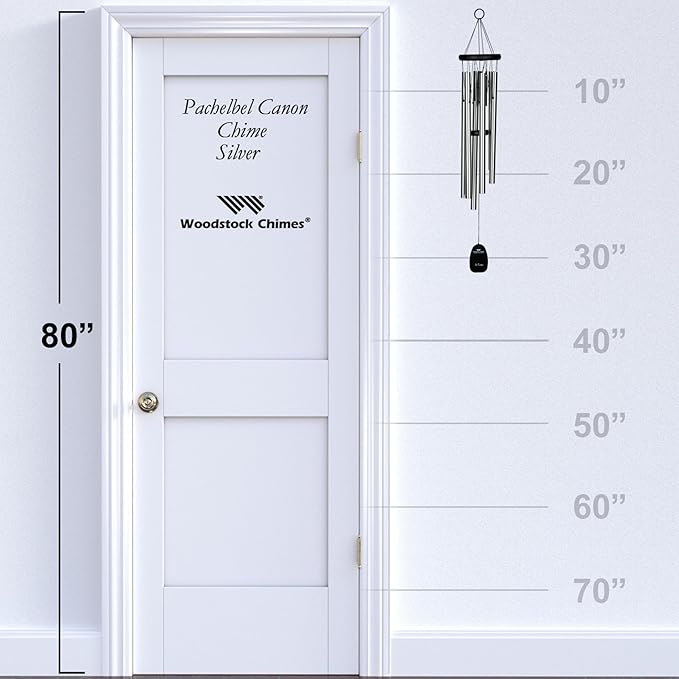 Woodstock Wind Chimes Pachelbel's Canon in D, Silver Aluminum Tubes, Medium 32 - Inch, Deep Toned Windchime for Outdoor Decor for Garden, Patio, Porch-Ruum Studio Home