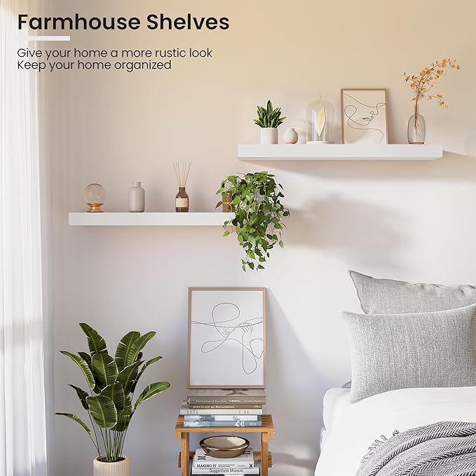 Floating Wood Shelves for Wall 24 Inches x 8”x 1.4” Shelf Floating Home Decor, Heavy Duty Shelf Hold 60 lbs, Wall Shelves for Bathroom Living Room Kitchen Bedroom Office - Set of 2 White-Ruum Studio Home